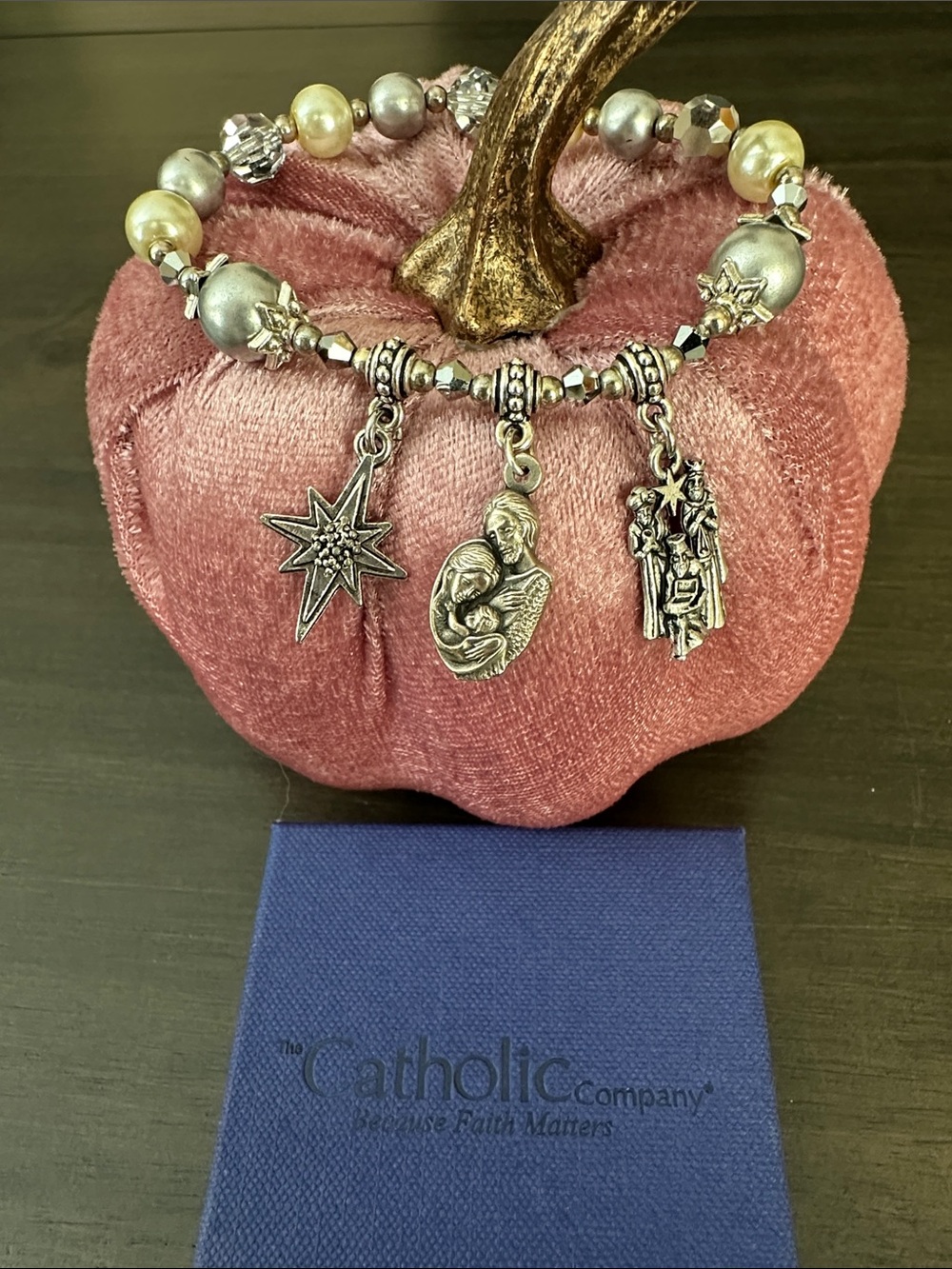 Catholic Company Silver-Tone Religious Charm Bracelet with Gray and Pearl Beads